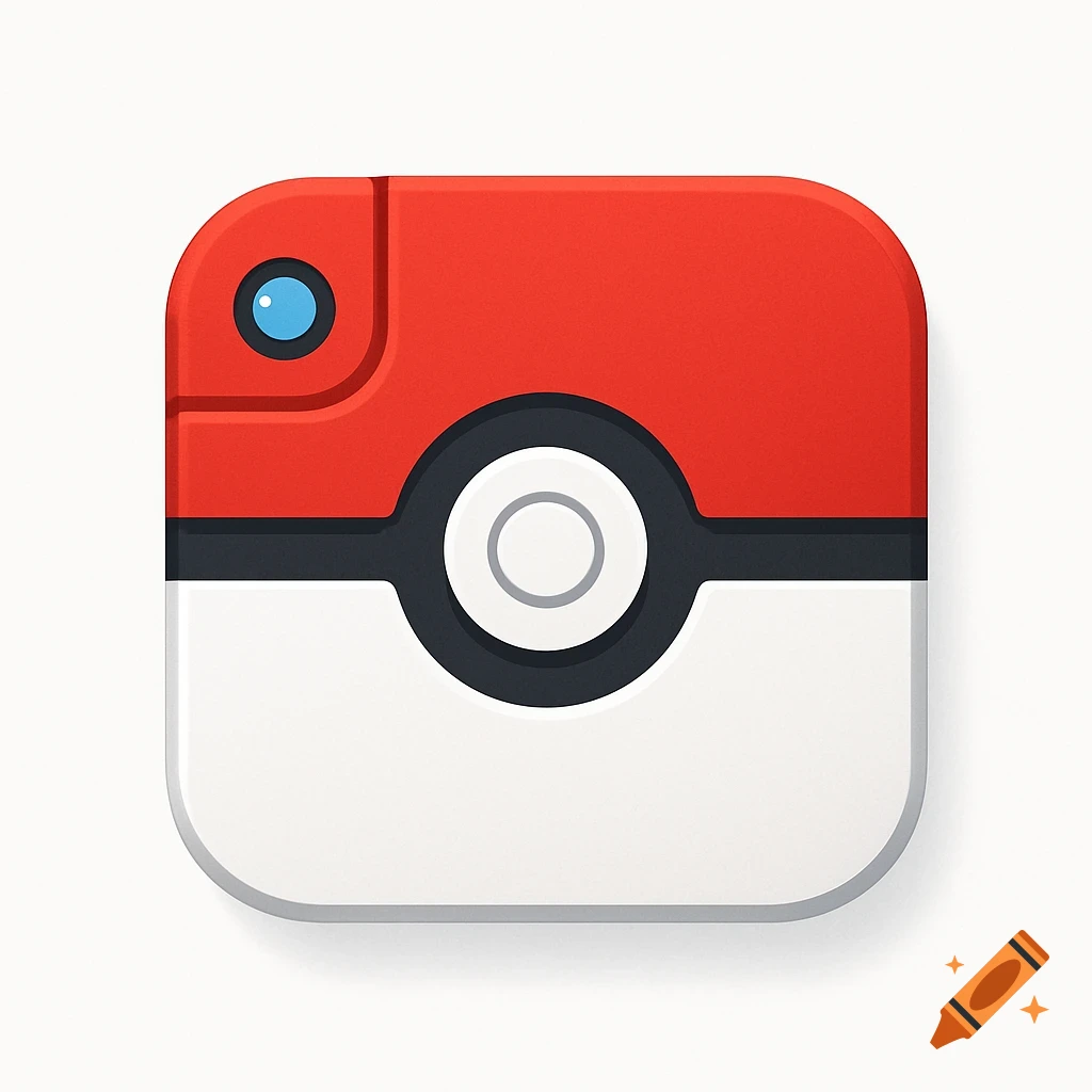 Stylized app icon resembling a red and white Poké Ball with a camera lens.