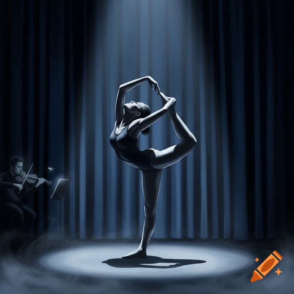 A dancer in a leotard holds a graceful pose in a spotlight on a stage, a violinist plays nearby in blue-toned light.