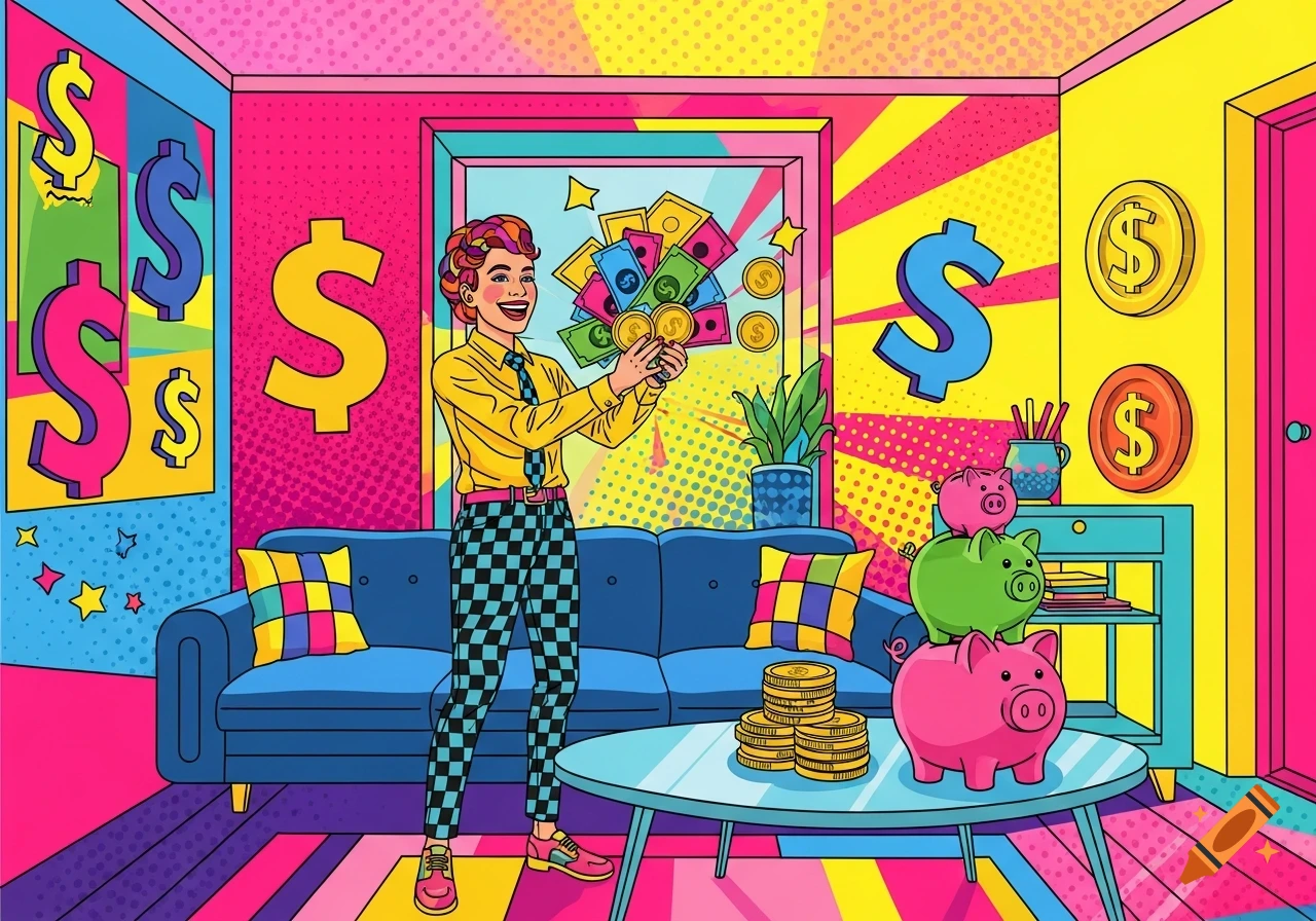 Pop-art illustration of a happy person holding money and coins in a vibrant room with dollar signs and piggy banks.
