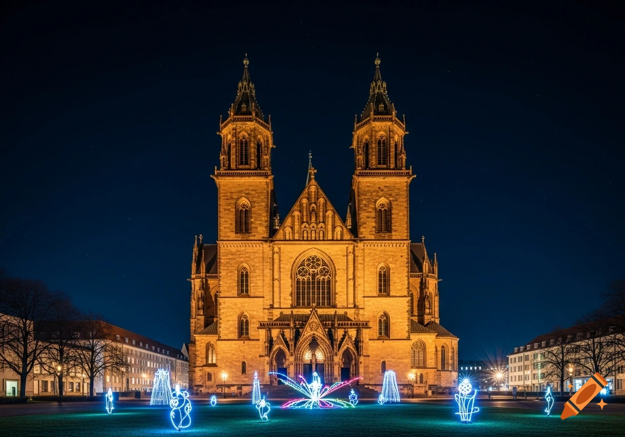 The majestic Magdeburg Cathedral illuminated at night with warm golden light, featuring colorful light installations in the foreground against a dark blue, starry sky.