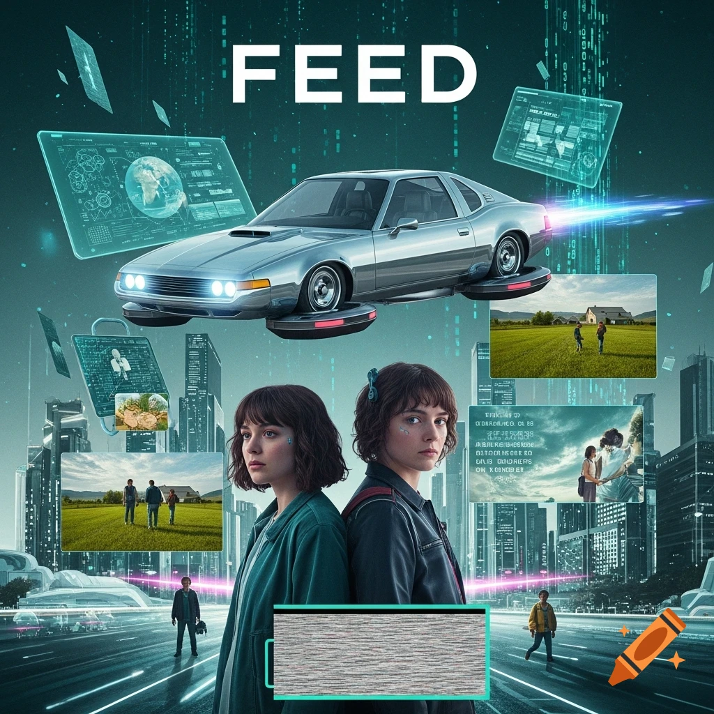 A futuristic collage featuring a flying car, two women, cityscapes, and holographic displays, with the word 'FEED' prominently displayed.