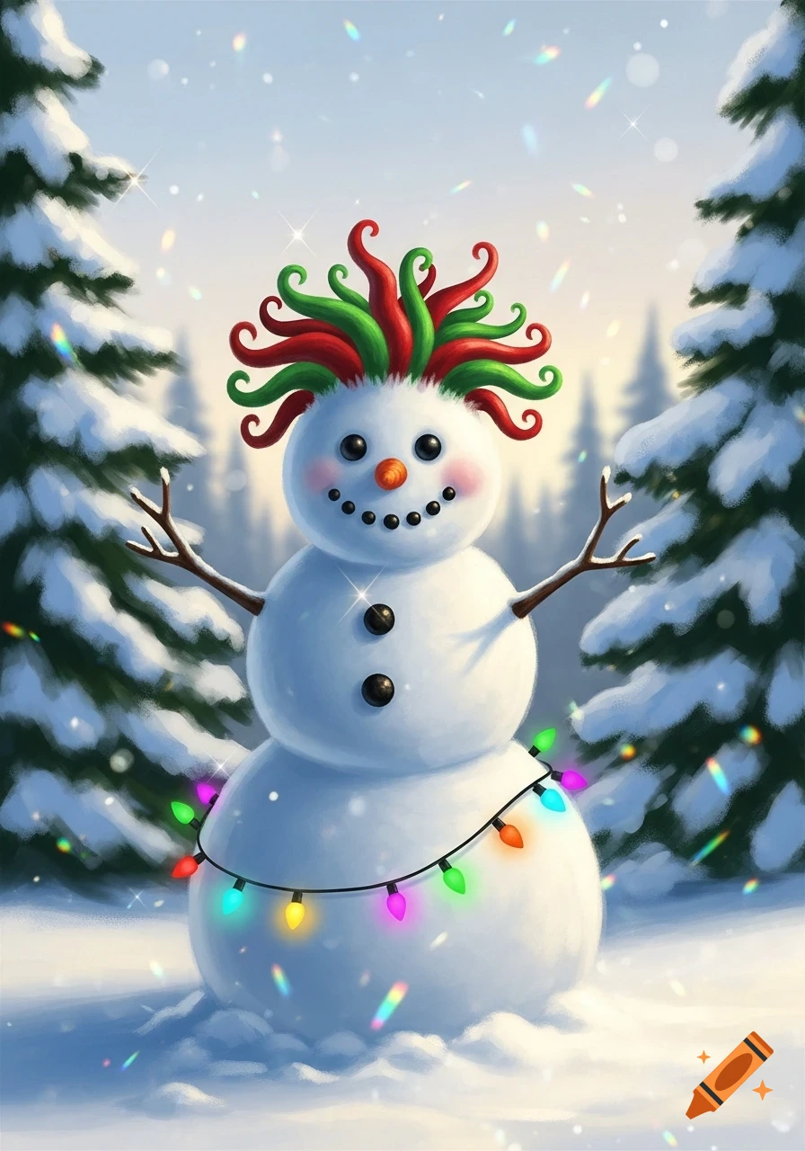 A cheerful snowman with green and red curly hair, adorned with colorful lights, stands in a snowy winter forest with falling snow.