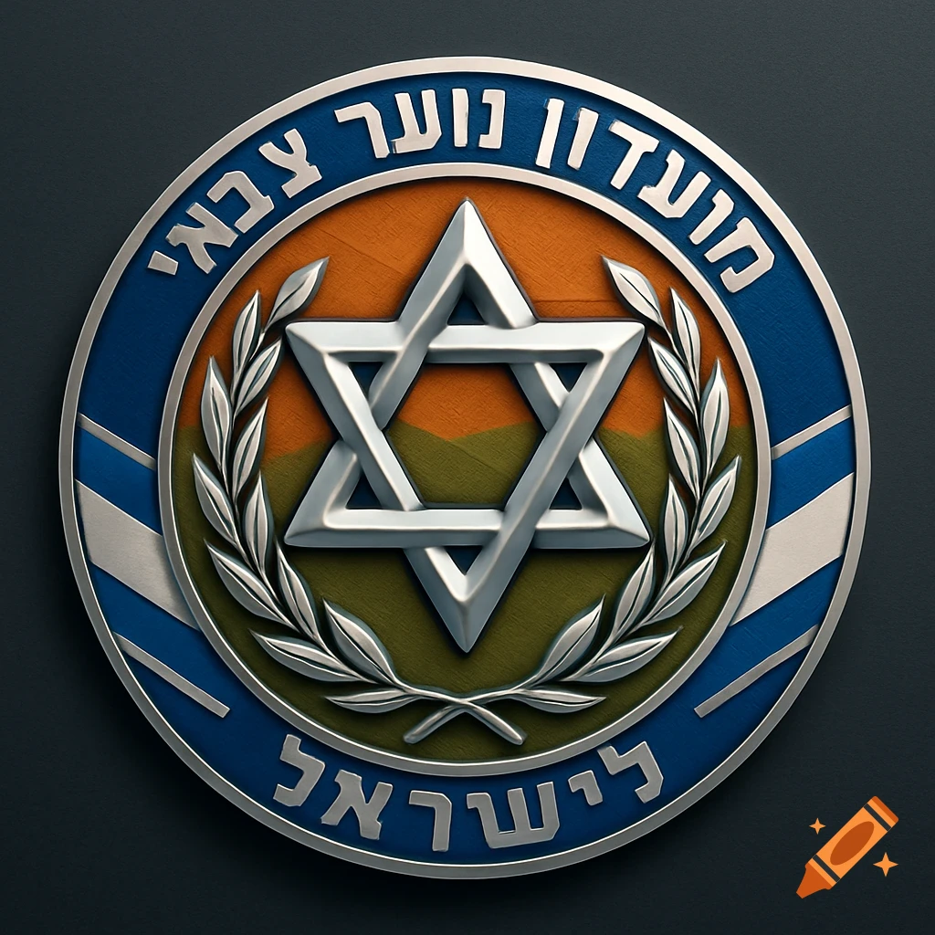 A metallic circular emblem featuring a silver Star of David, olive branches, and Hebrew text on blue and orange bands, resembling a military youth club badge.
