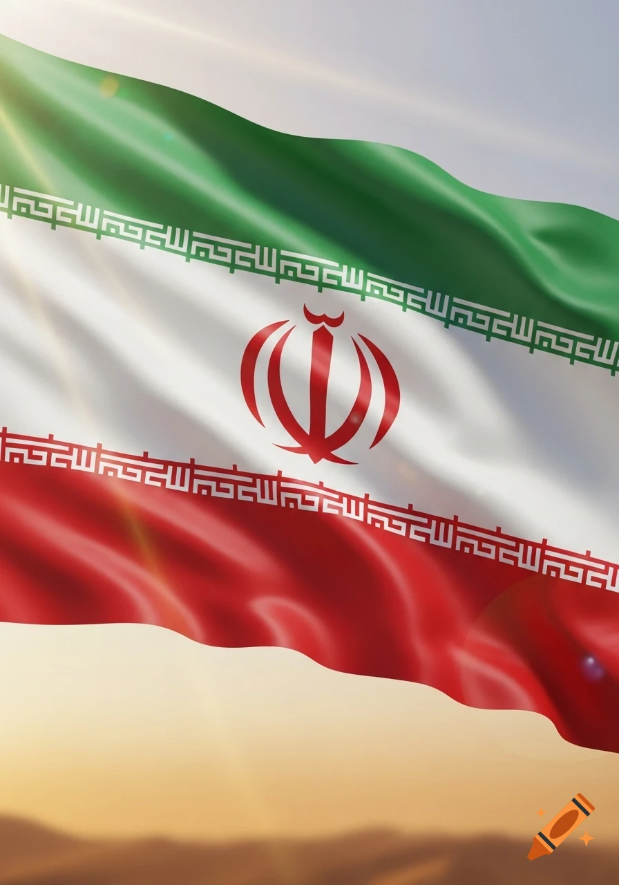Photorealistic image of the Iranian flag waving against a sunset or sunrise sky.