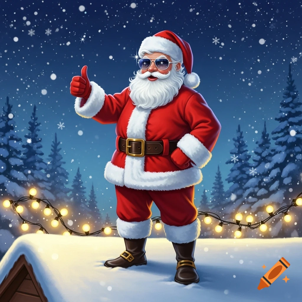 Santa Claus wearing sunglasses, giving a thumbs up on a snowy roof with Christmas lights and falling snow.
