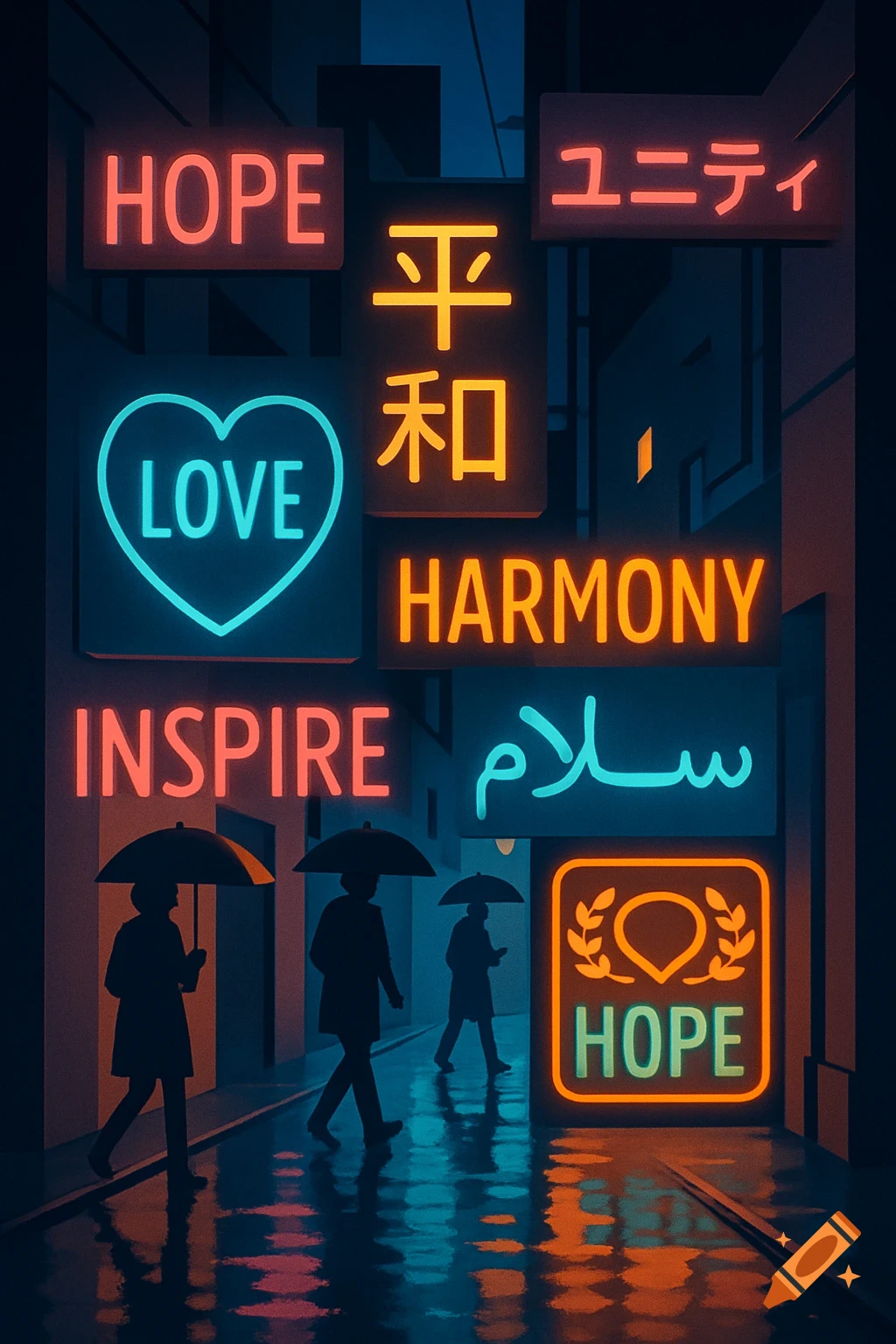 Neon signs with words like HOPE, LOVE, and PEACE in multiple languages illuminate a rainy city street with silhouetted figures.