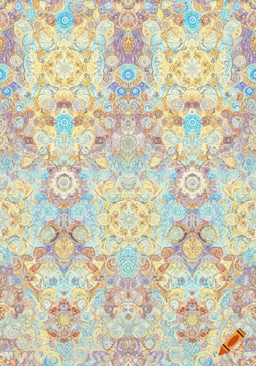 A vibrant, intricate symmetrical pattern resembling a tapestry or kaleidoscope, featuring warm yellows, cool blues, and soft purples in complex, swirling motifs.