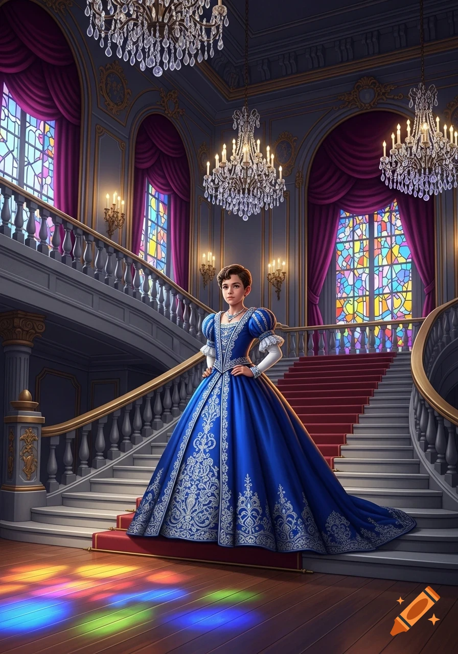 A young person in a blue ball gown stands on a polished floor in a grand hall with a staircase and stained glass windows.