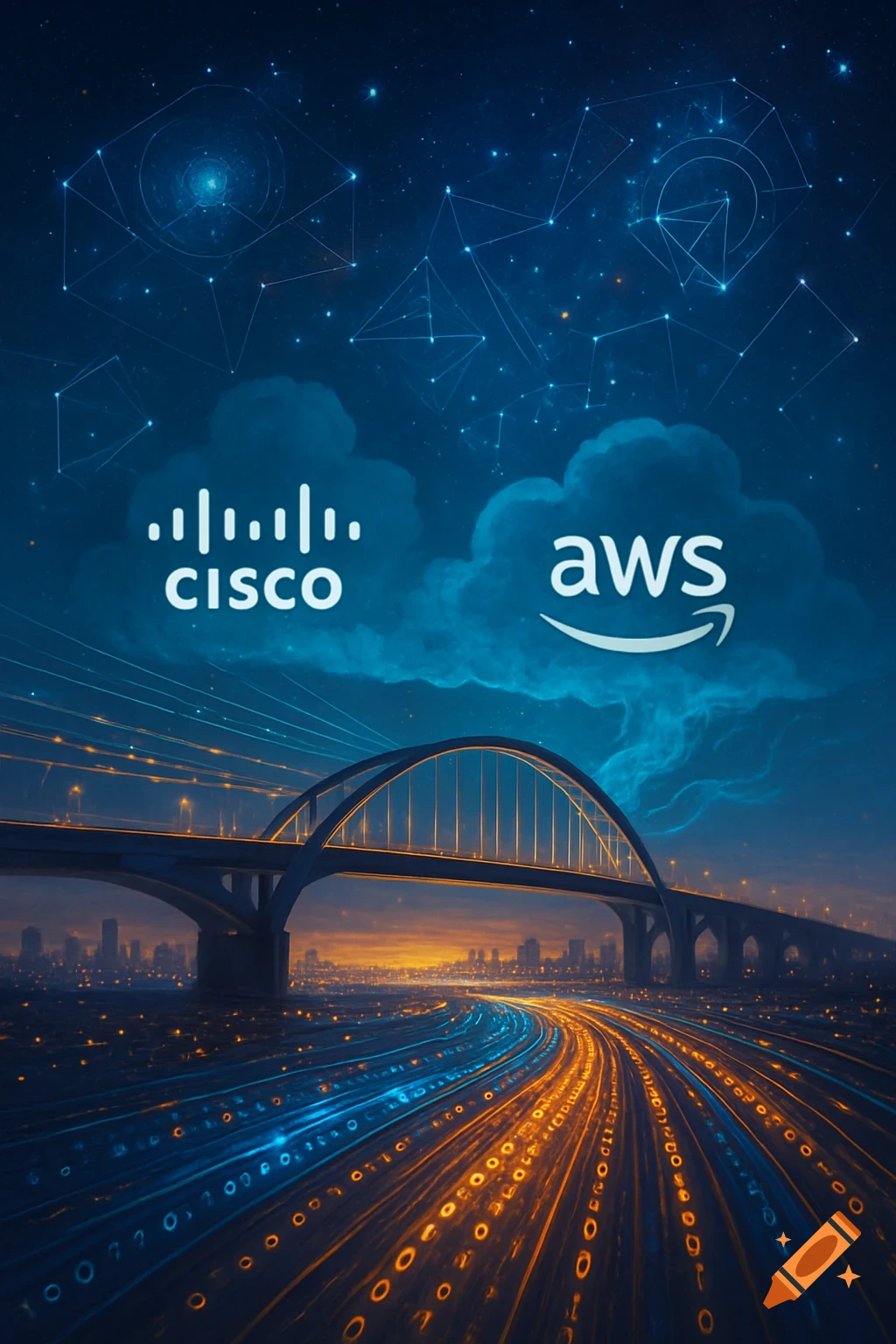 Futuristic night scene with a bridge over a city, glowing data streams, and Cisco and AWS logos in a starry, cloud-filled sky.