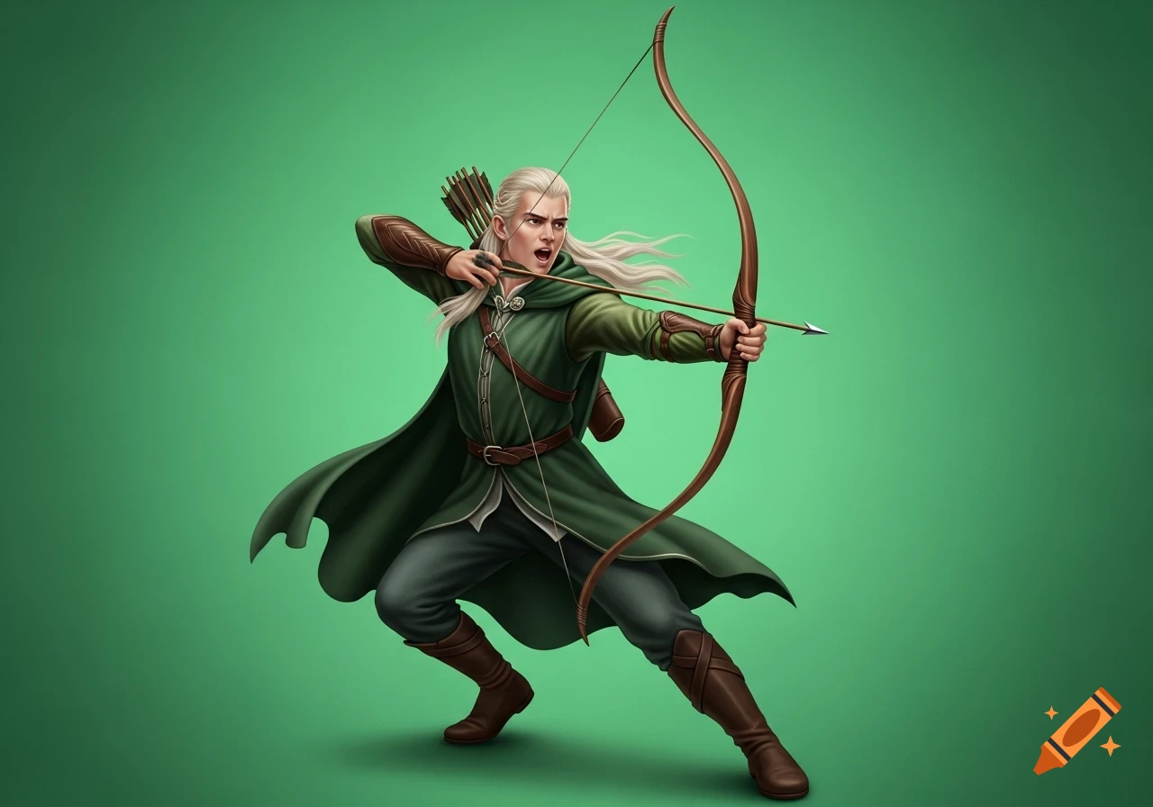 Fantasy illustration of a blonde elf archer in green and brown attire, drawing a bow and arrow while shouting, against a green background.