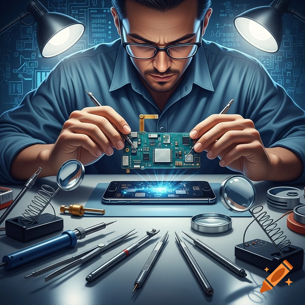 A man wearing glasses intently repairs a smartphone circuit board with small tools, surrounded by electronic components and glowing tech schematics.