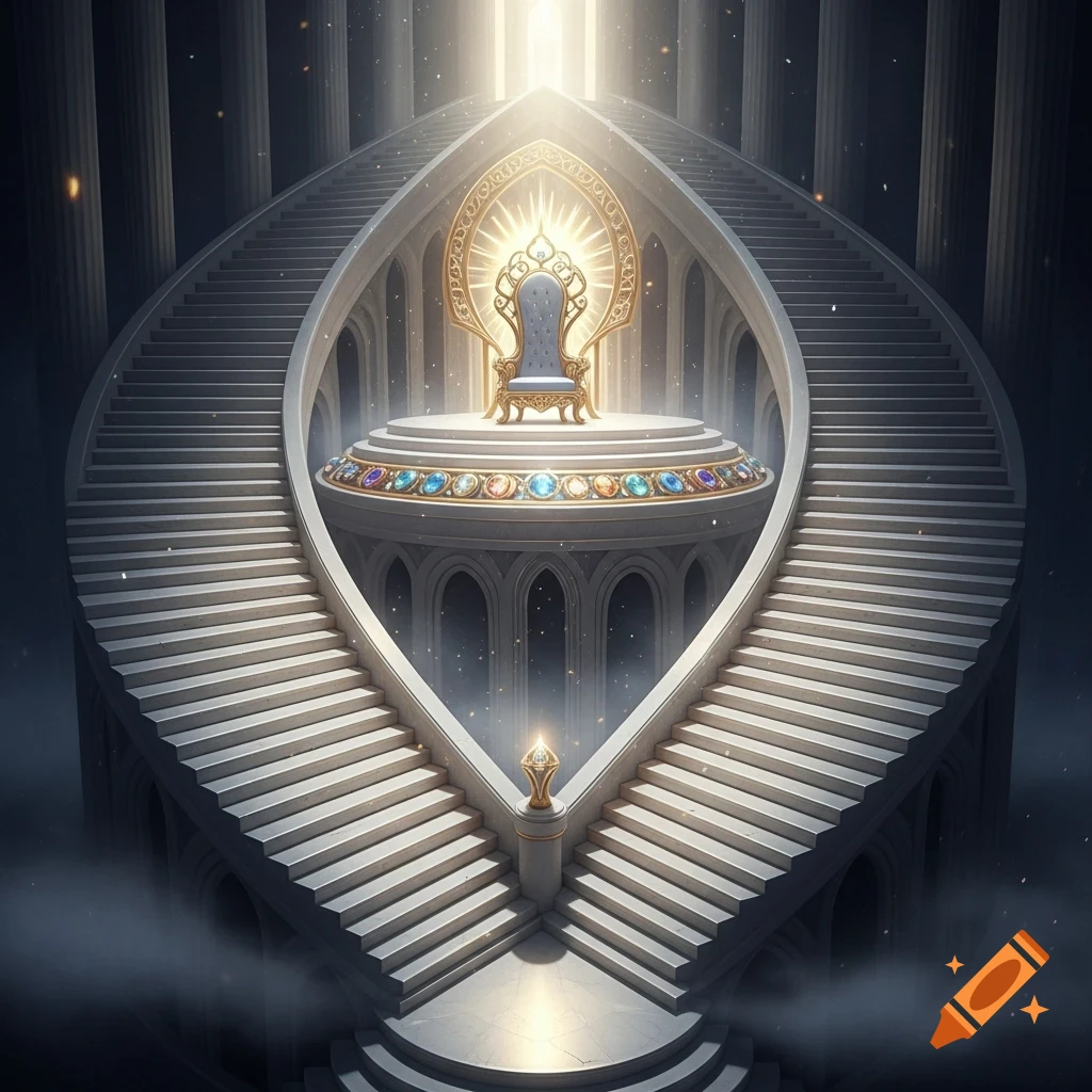 A grand, symmetrical staircase leading to a glowing, ornate throne adorned with jewels in a majestic, celestial hall.