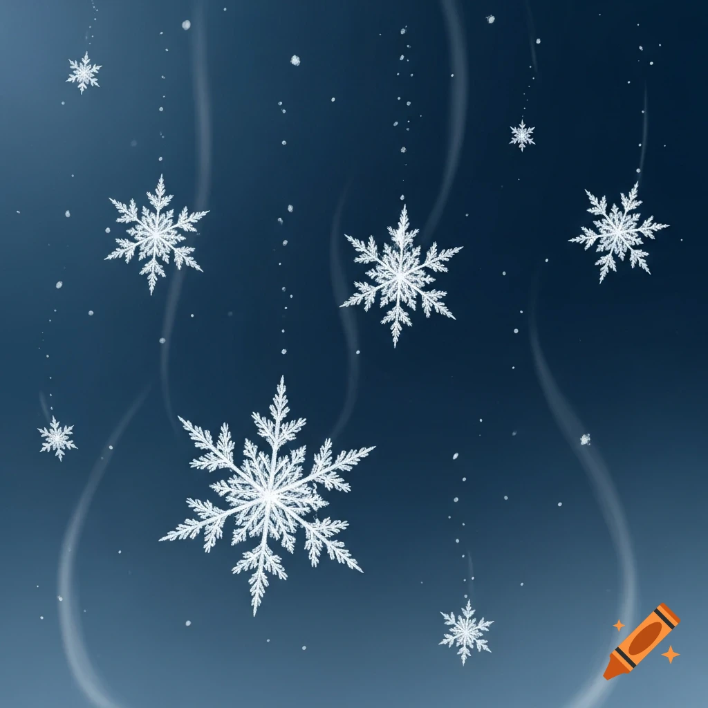 White, intricate snowflakes slowly float downward against a deep blue background with subtle light waves.