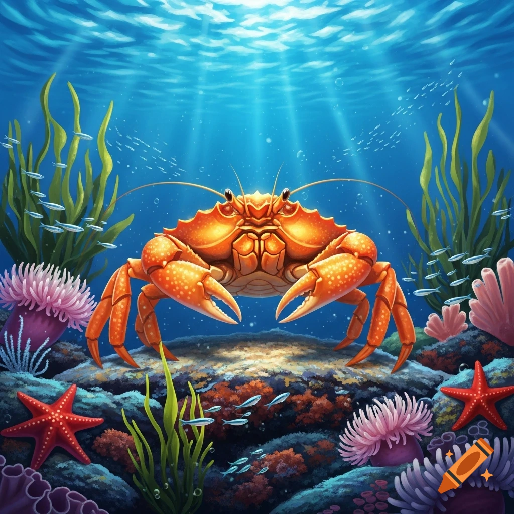 Illustration of a vibrant orange crab on the seabed, surrounded by colorful coral, sea anemones, starfish, seaweed, and small fish in sunlit blue water.