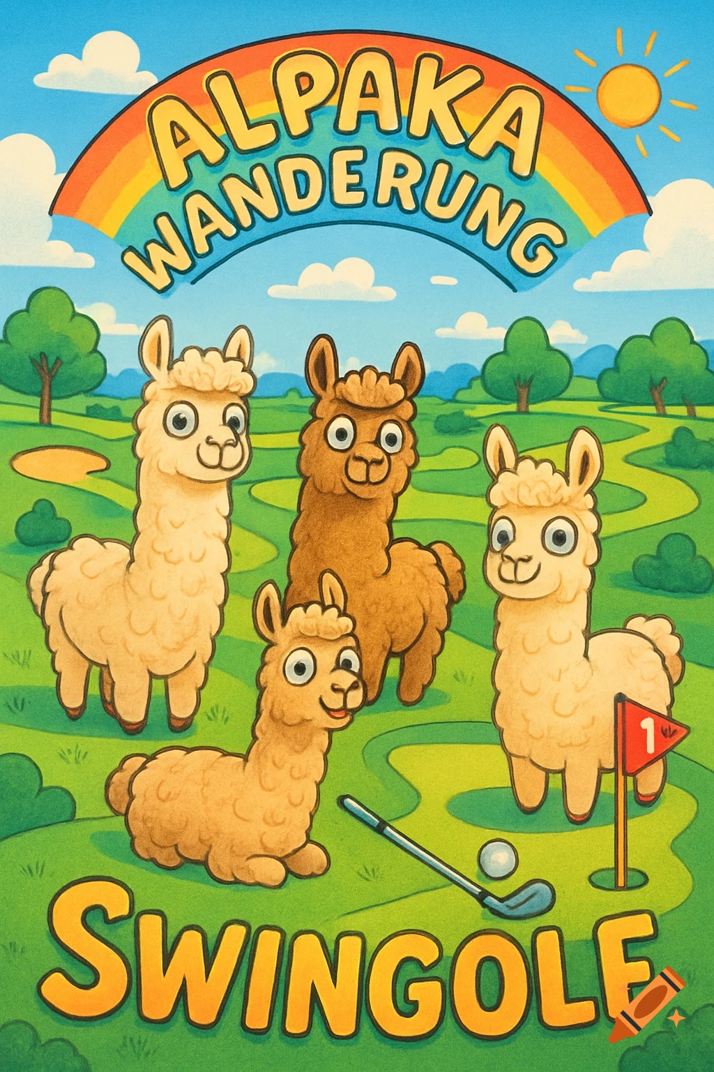 Cartoon of four alpacas on a green swingolf course under a rainbow, with 'ALPAKA WANDERUNG' and 'SWINGOLF' text.