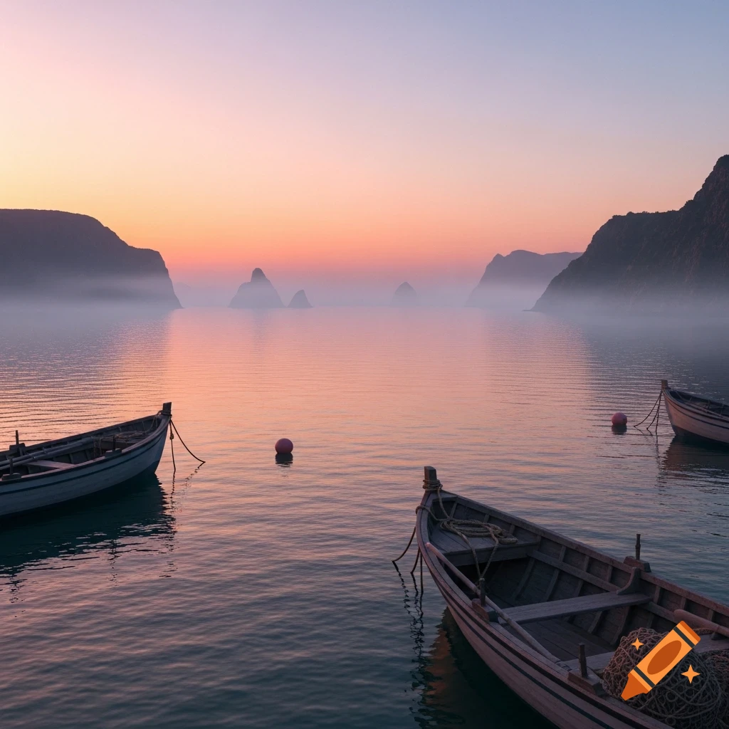 Several wooden boats float on calm water during a hazy sunset, with mountains in the background.