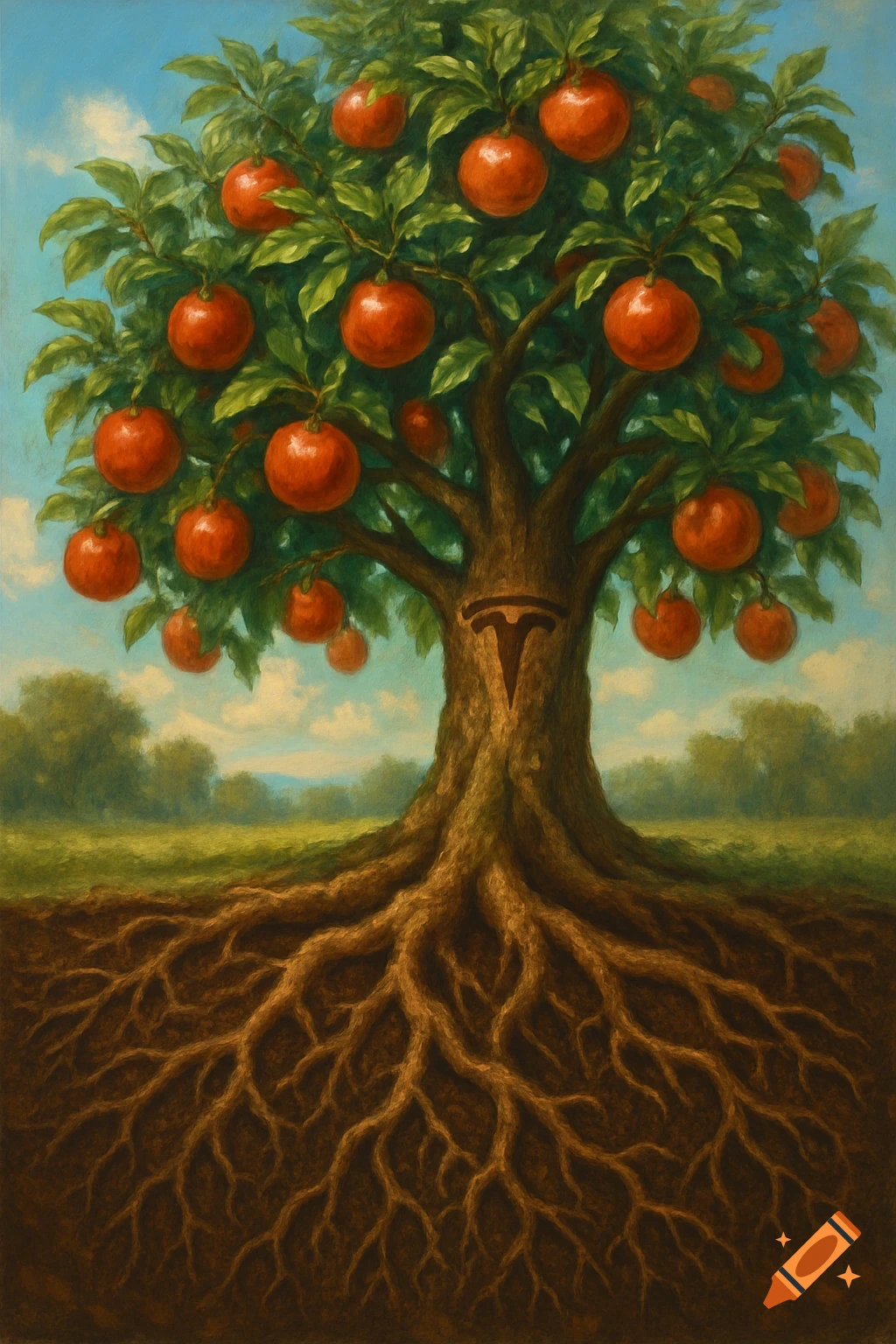 Detailed painting of a fruit tree with red fruits, green leaves, visible roots, and a Tesla logo carved into the trunk.