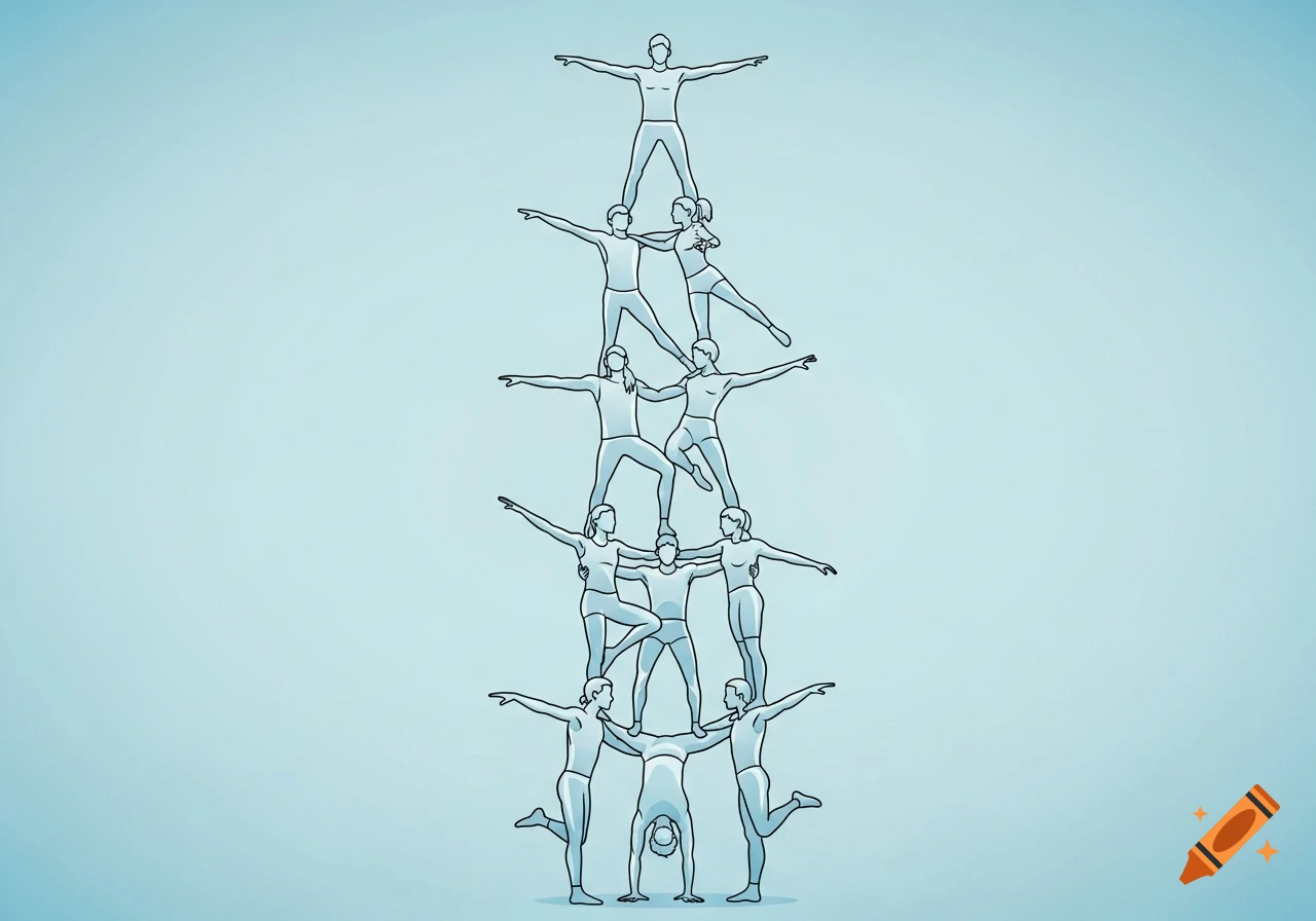 A simple vector illustration on a blue background depicting twelve stylized figures forming a human pyramid.