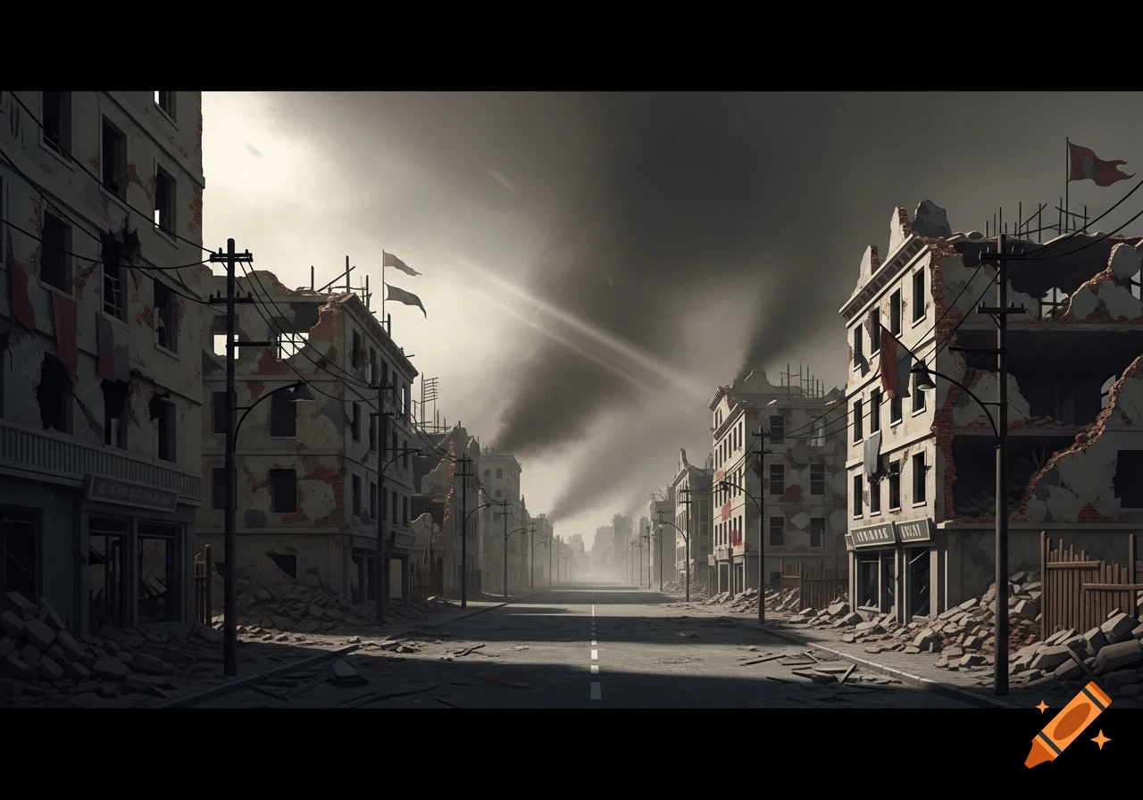 A desolate, ruined city street after a war, with damaged buildings, debris, and smoke under a dark, cloudy sky.