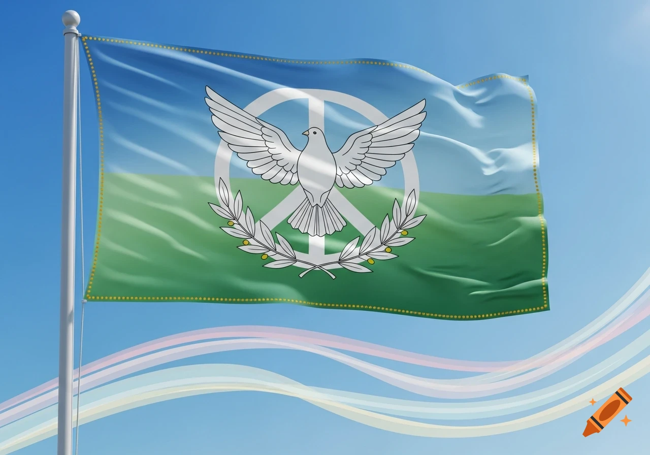 A flag with a blue and green background, featuring a white dove, peace symbol, and olive branches, waving against a clear blue sky.