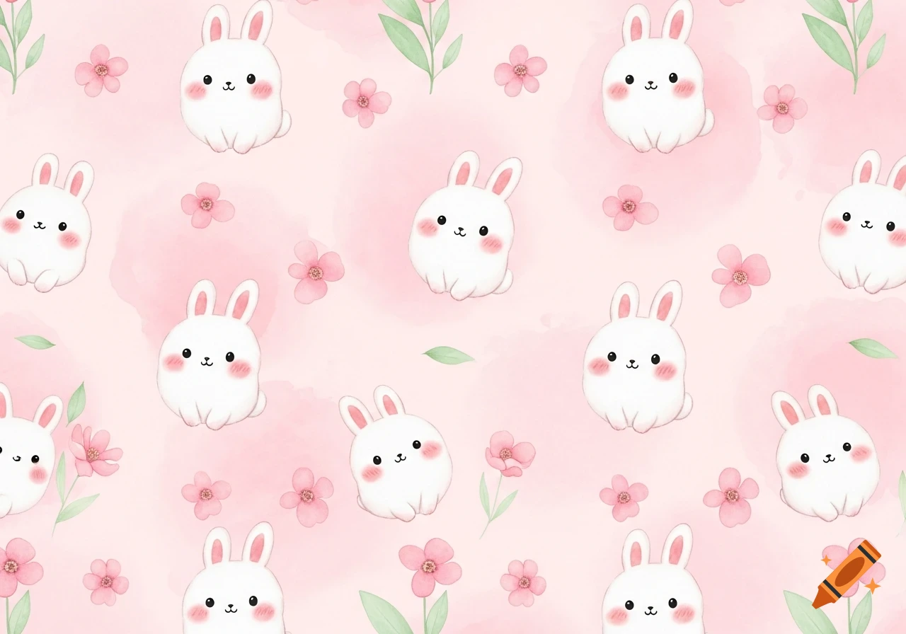 Seamless baby pink pastel watercolor pattern featuring cute fluffy white bunnies, pink flowers, and green leaves.
