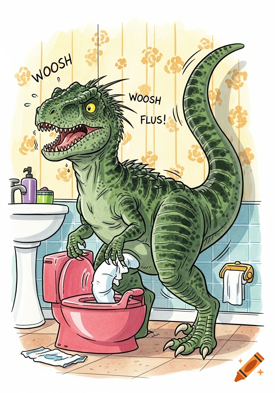A cartoon Indoraptor flushes a pink toilet in a bathroom, with 'WOOSH FLUS!' sound effects.