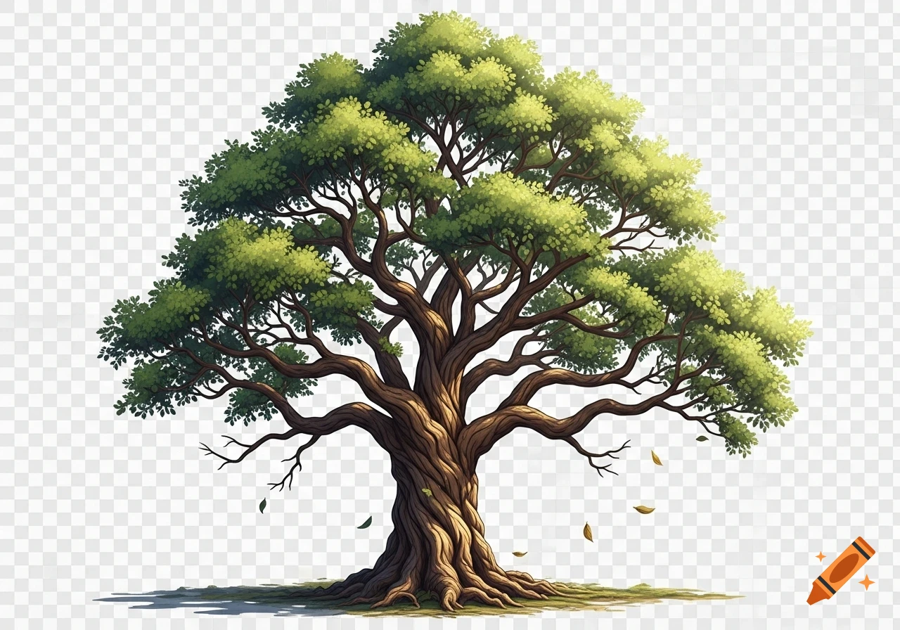 A stylized illustration of a large, lush green tree with a thick, textured trunk and spreading branches on a transparent background.