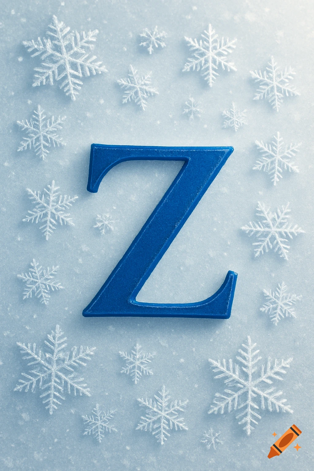 A royal blue letter Z is centered among various white snowflakes on a light blue background.