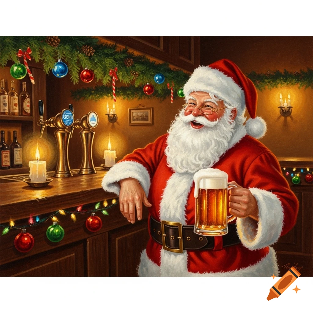 Jolly Santa Claus smiling, holding a foamy mug of beer at a festive bar counter decorated with garlands and candles. Painting style.