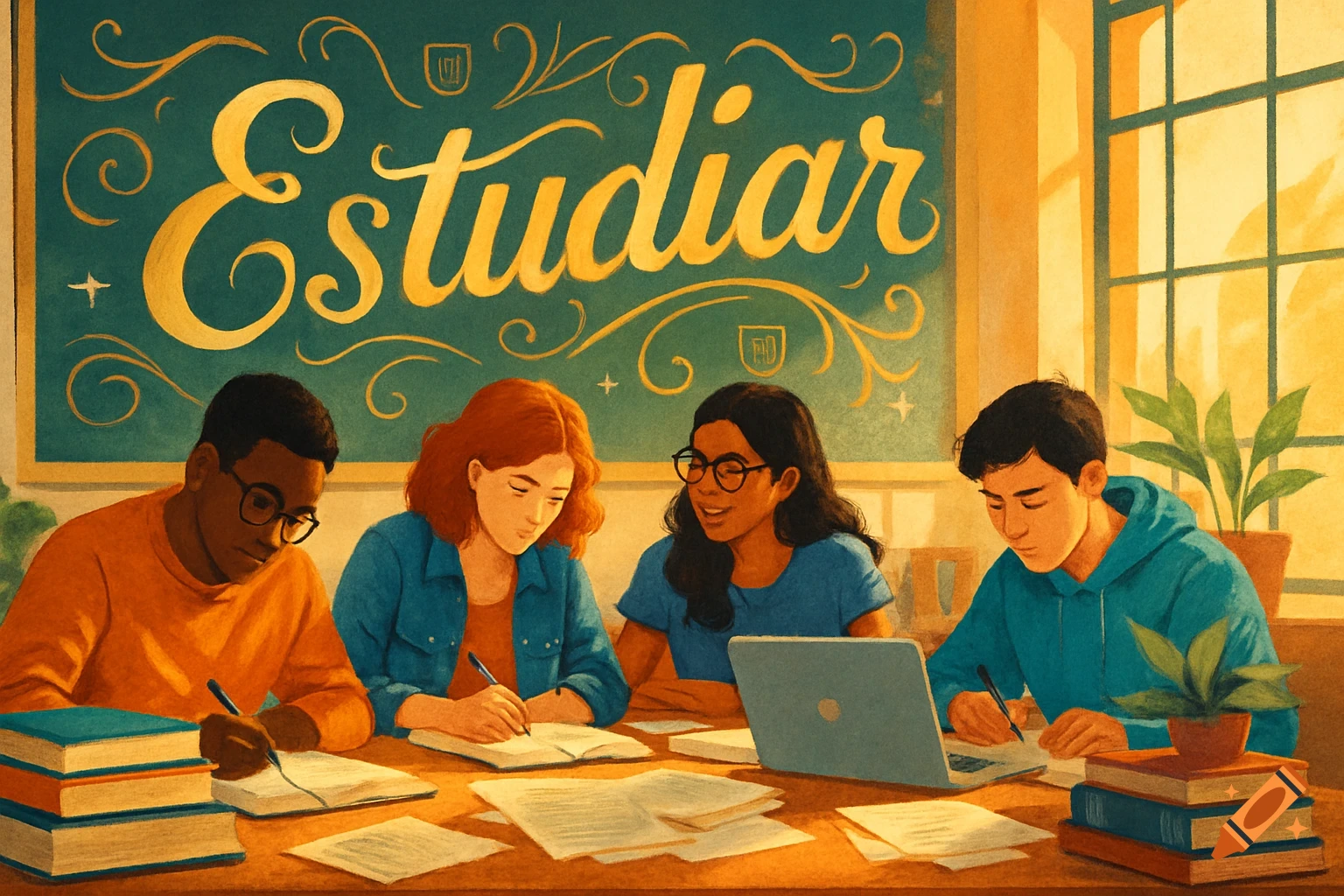 Four diverse students study at a table with books and a laptop under a chalkboard with the word 'Estudiar' in a warm, illustrated style.