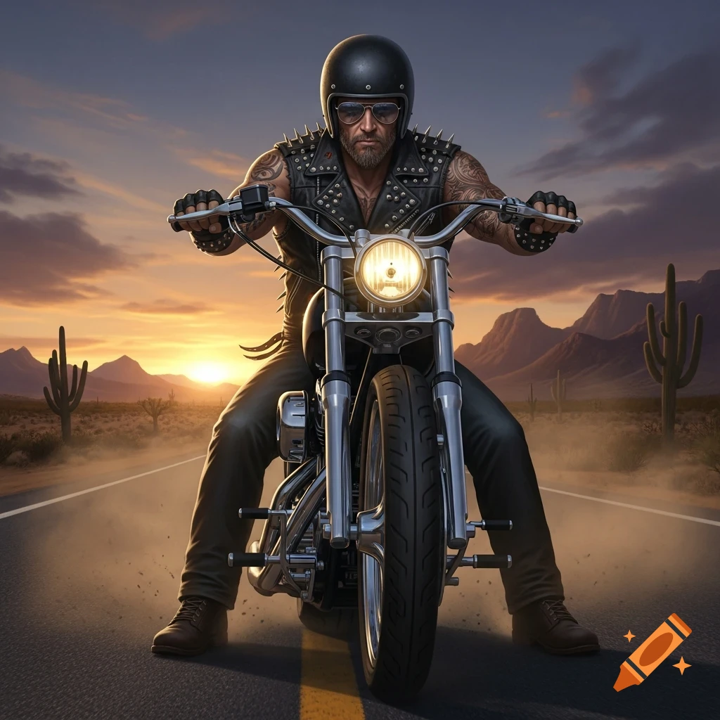 A bearded biker with a helmet, sunglasses, and spiked vest on a motorcycle, facing forward on a desert road at sunset.