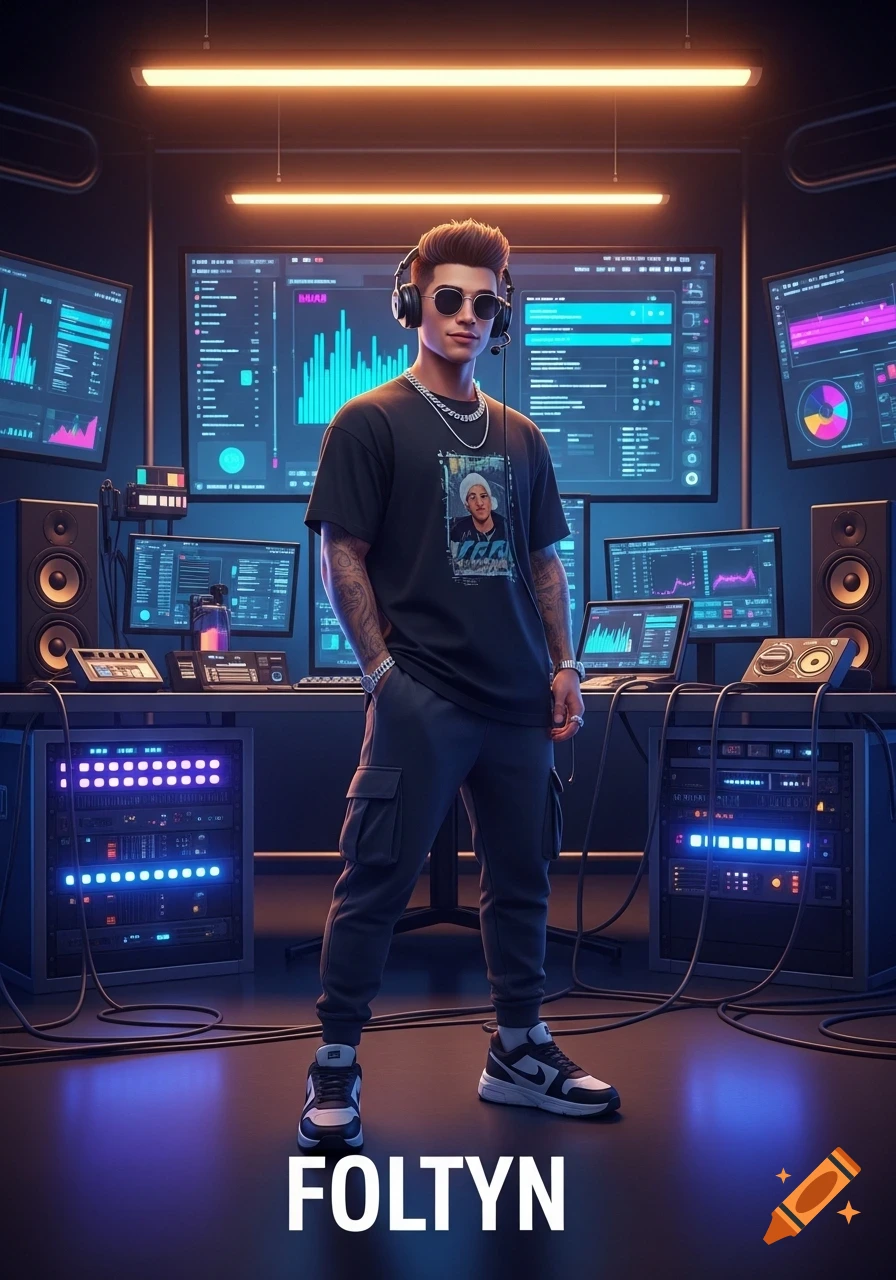A man with headphones and sunglasses stands in a control room filled with glowing monitors and audio equipment, with the word 'FOLTYN' at his feet.