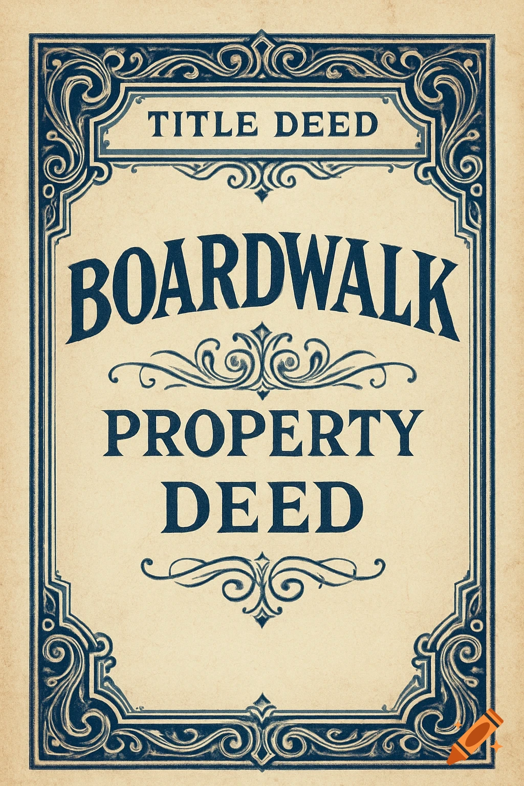 A vintage style Monopoly property deed for Boardwalk, featuring ornate blue borders and an aged paper texture.