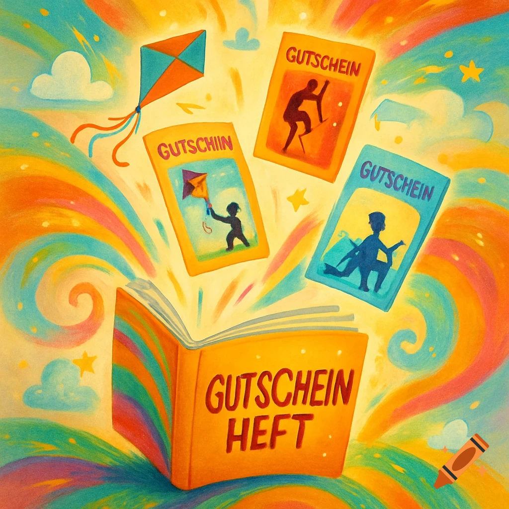 A vibrant, colorful illustration of an open book with 'Gutschein Heft' on its cover, emitting glowing gift cards and a kite.