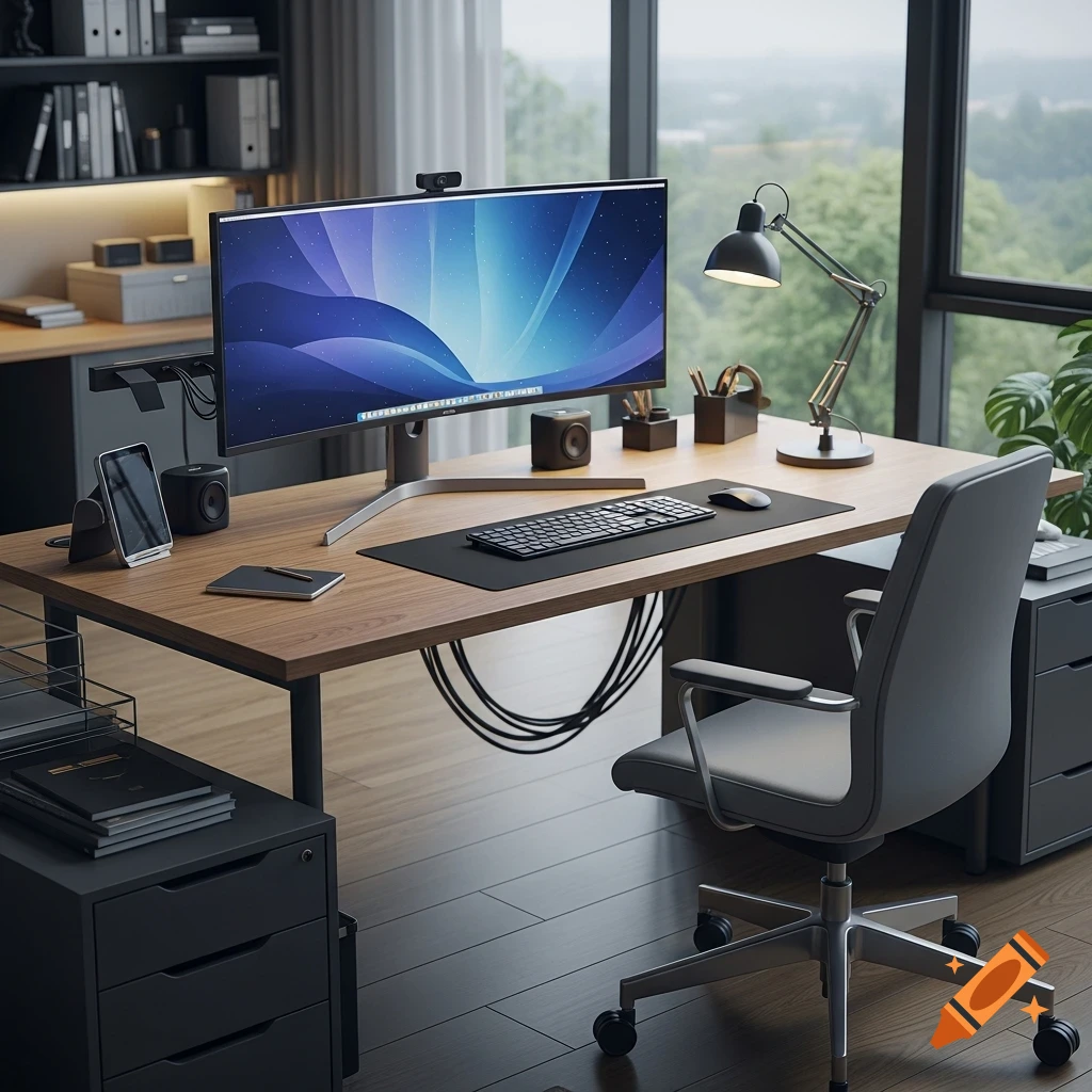 A modern, minimalist home office desk with an ultrawide monitor, keyboard, mouse, and a desk lamp, overlooking a green outdoor view.