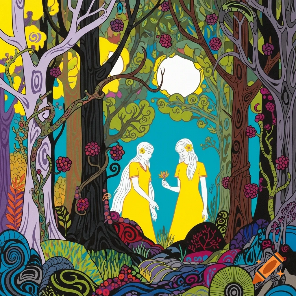 A vibrant, stylized brush and ink illustration of two women in yellow dresses, one offering a flower to the other, in a fantastical forest with colorful trees and swirling patterns.