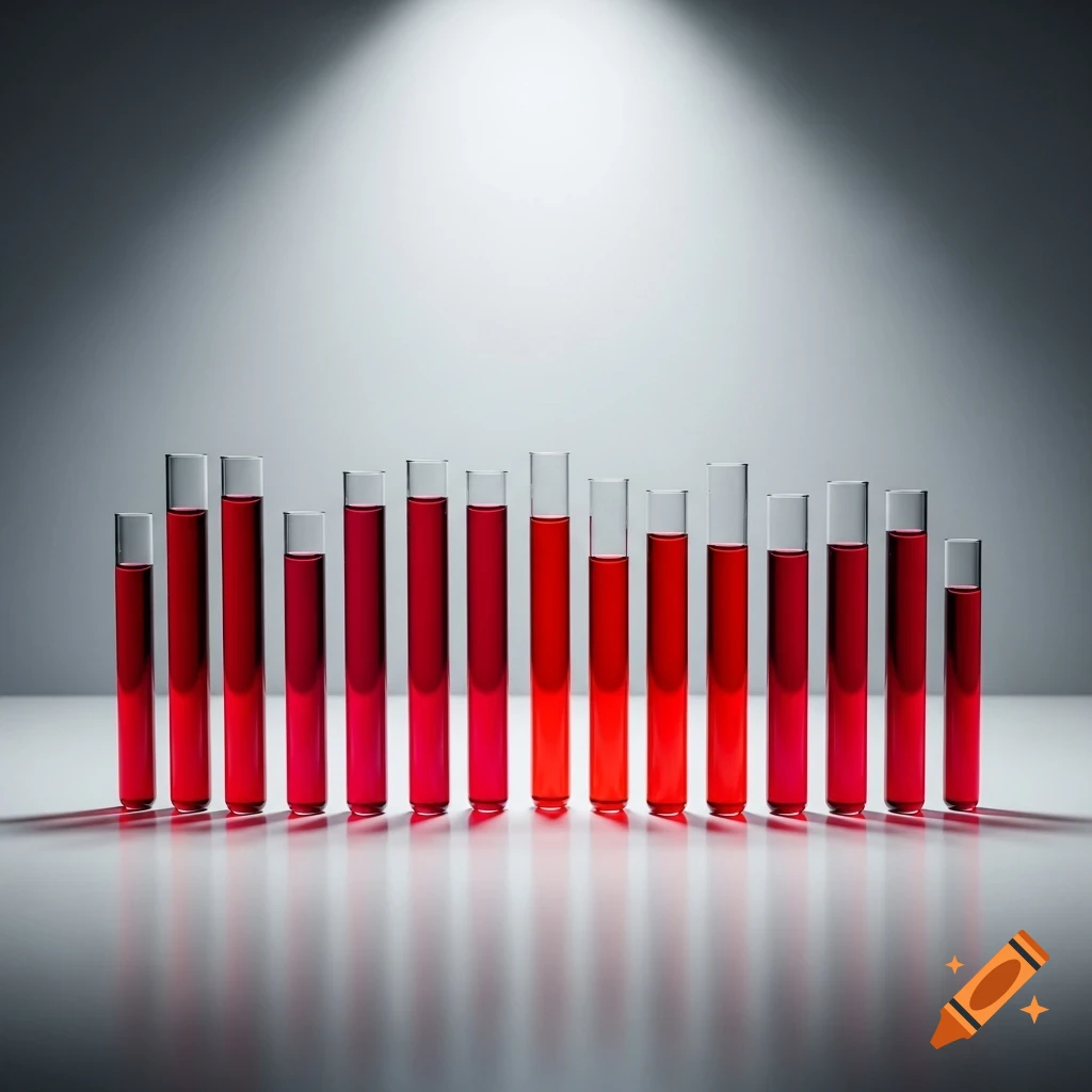A row of test tubes containing varying shades and levels of red liquid, illuminated by a spotlight against a white background.