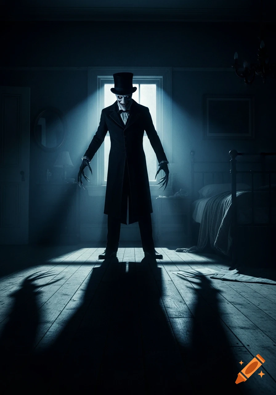 A creepy figure in a top hat and long coat with skeletal face and sharp claws stands silhouetted in a dimly lit room, blue light streaming from a window behind it.