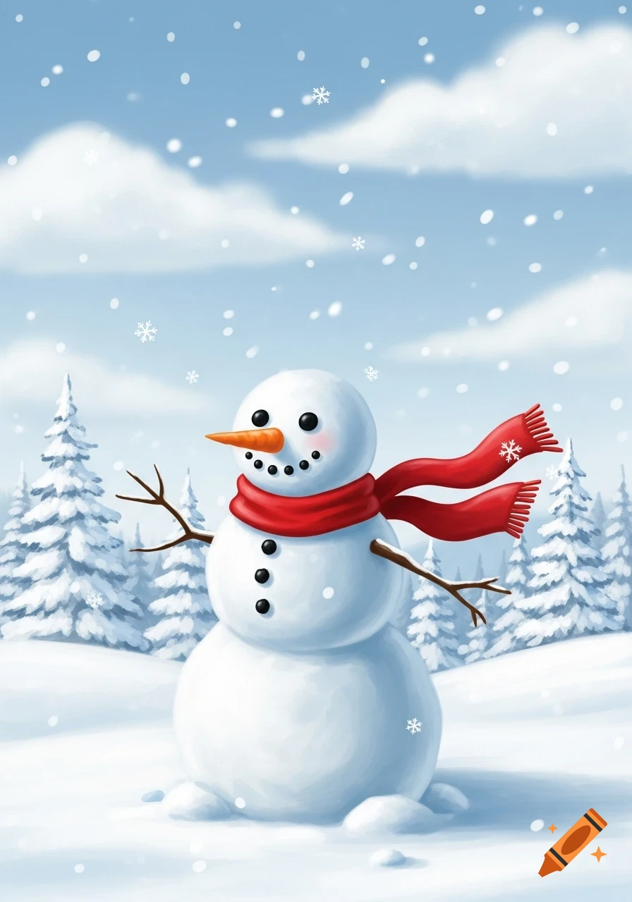 A charming illustration of a snowman wearing a red scarf in a snowy winter landscape with pine trees and falling snowflakes.