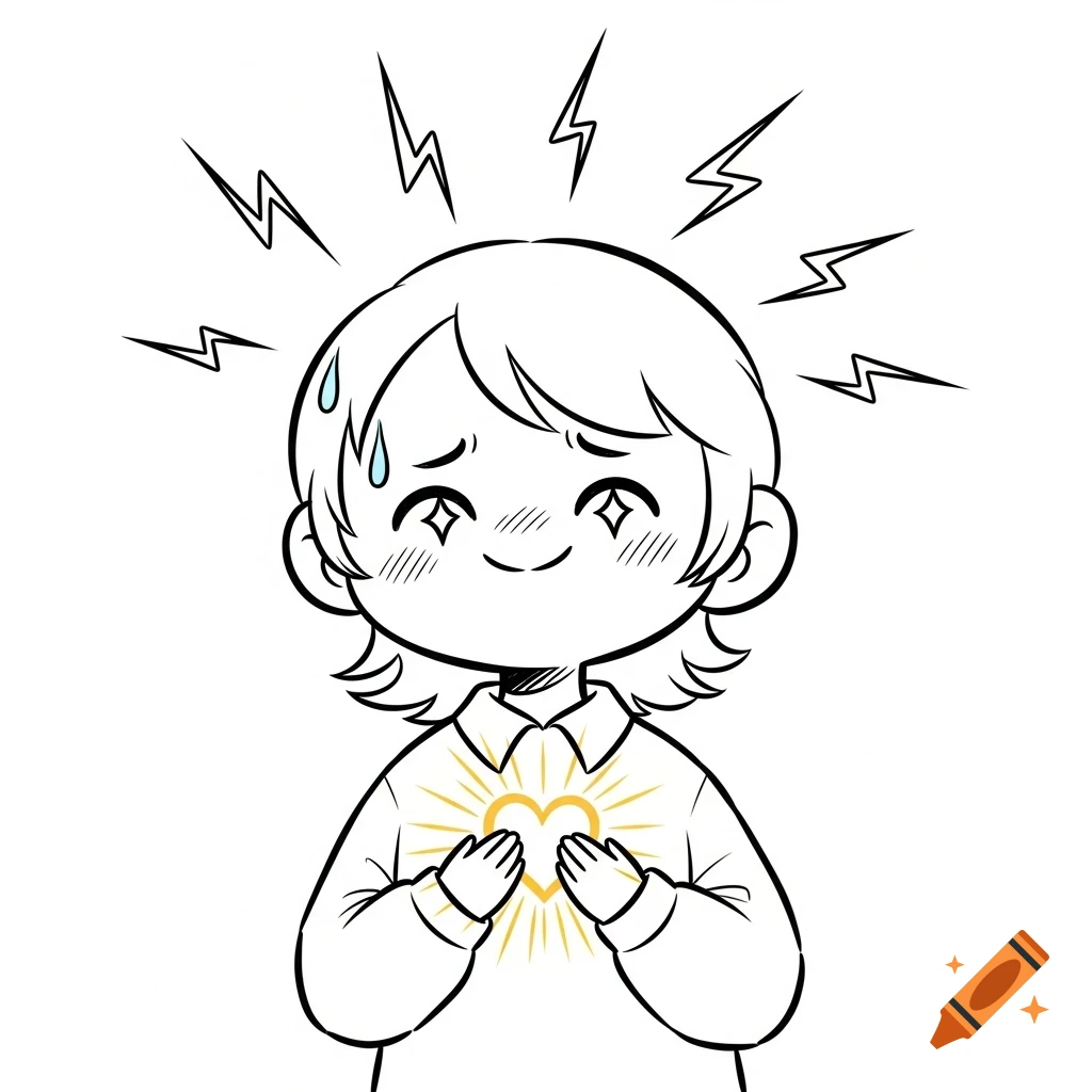 A line art cartoon character with a sweat drop, lightning bolts, sparkling eyes, and hands over a glowing heart on their chest.