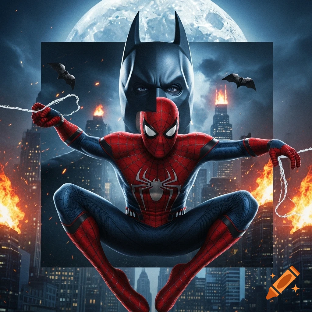 Spider-Man crouches, ready to swing web, against a dramatic night cityscape with Batman's masked face, explosions, and a full moon.