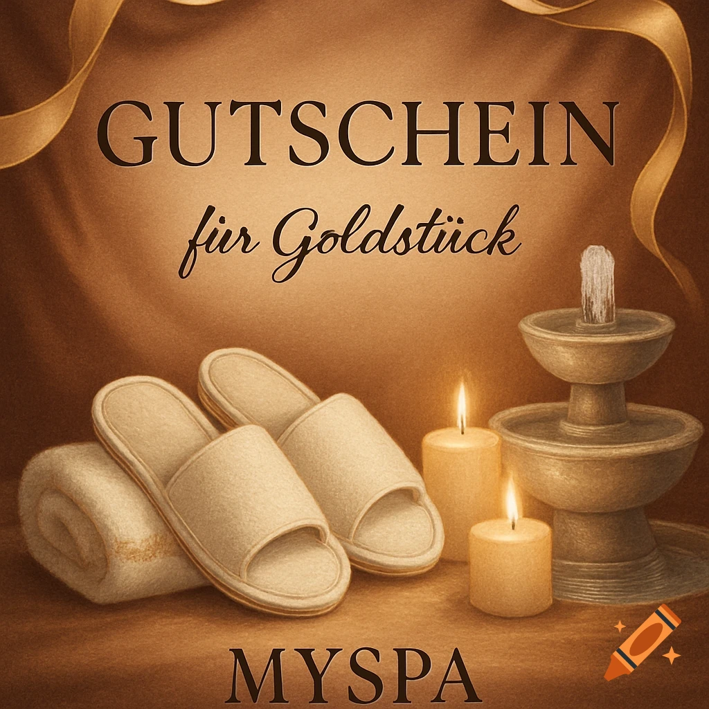 A spa voucher design with beige slippers, a rolled towel, lit candles, and a small fountain on a brown background with golden ribbons. Text reads 'GUTSCHEIN für Goldstück MYSPA'.