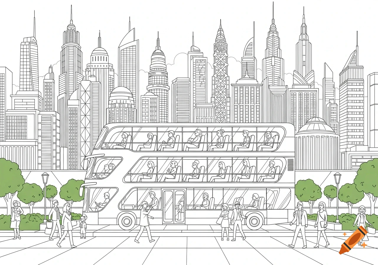 A line drawing of a triple-decker bus with passengers and pedestrians in a big city with tall skyscrapers, in the style of a coloring page.