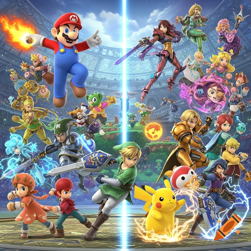 A vast array of Super Smash Bros. Ultimate characters, including Mario, Link, Pikachu, and Samus, in action poses within a stadium.