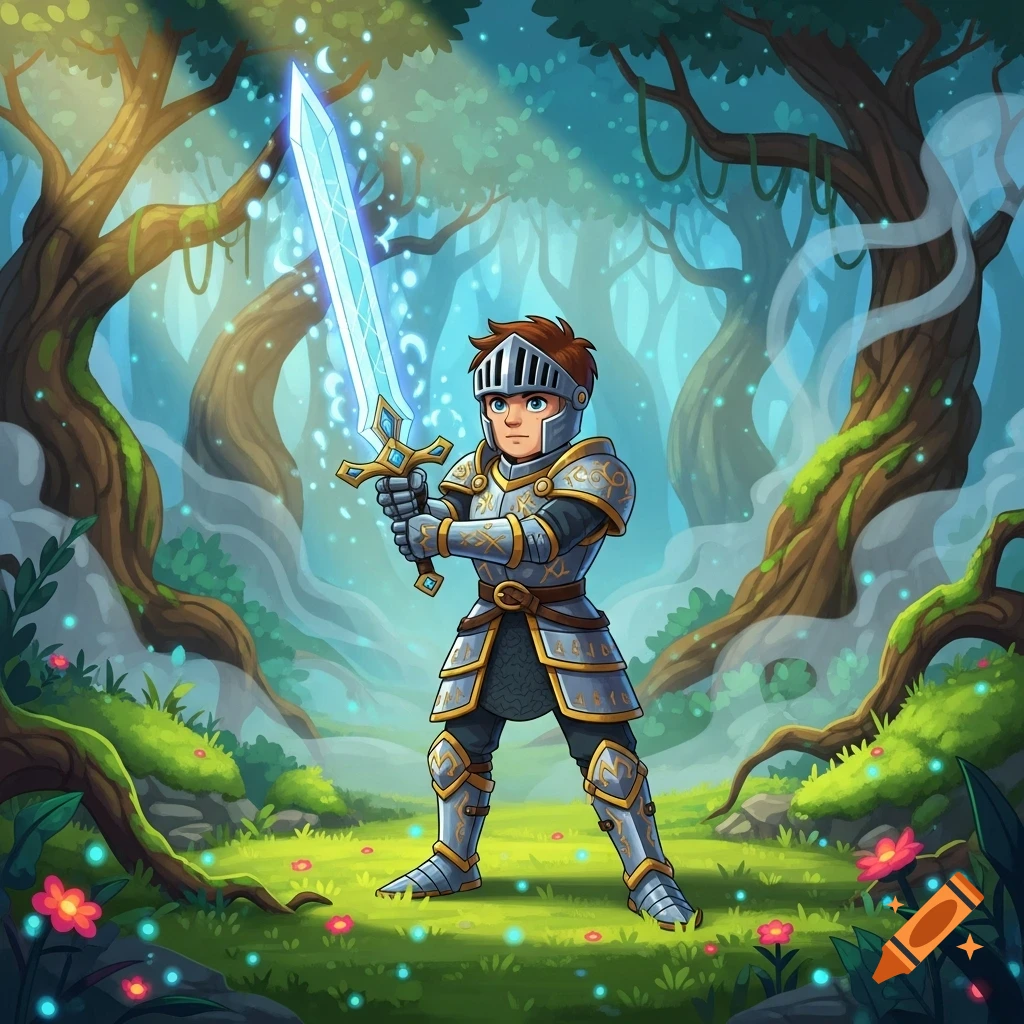 A cartoon young knight in ornate armor holds a glowing magical sword in a vibrant, misty forest with dappled sunlight.