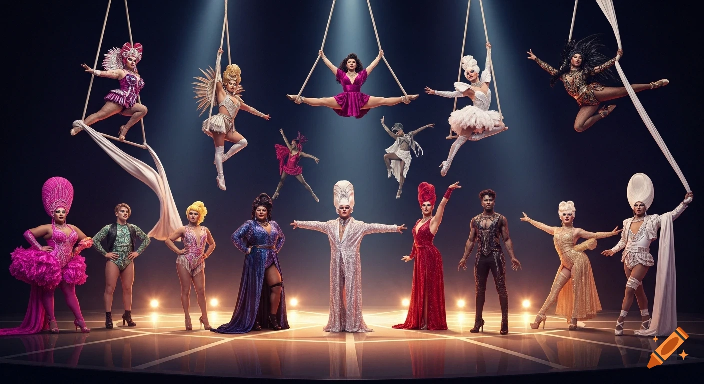 Diverse drag performers in lavish, jewel-toned costumes and sculptural wigs pose on a stage, some performing acrobatics on silks and trapeze, under spotlights.