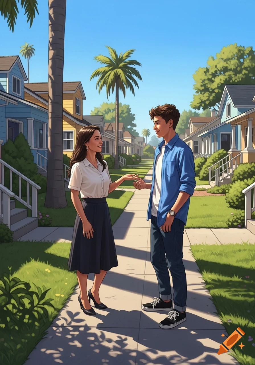 Digital art of a man and woman talking on a sidewalk in a suburban neighborhood with houses and palm trees.