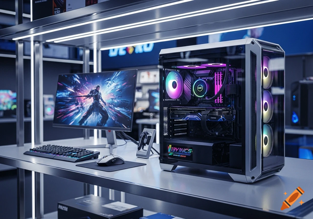 Modern gaming PC with colorful RGB lighting, a monitor displaying a game, keyboard, and mouse on a shelf in a retail store.