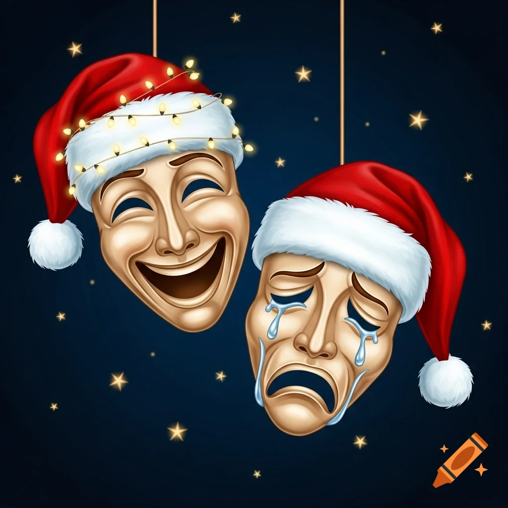 Two golden theater masks, one laughing and one crying, both wearing Santa hats, against a dark blue background with twinkling stars.