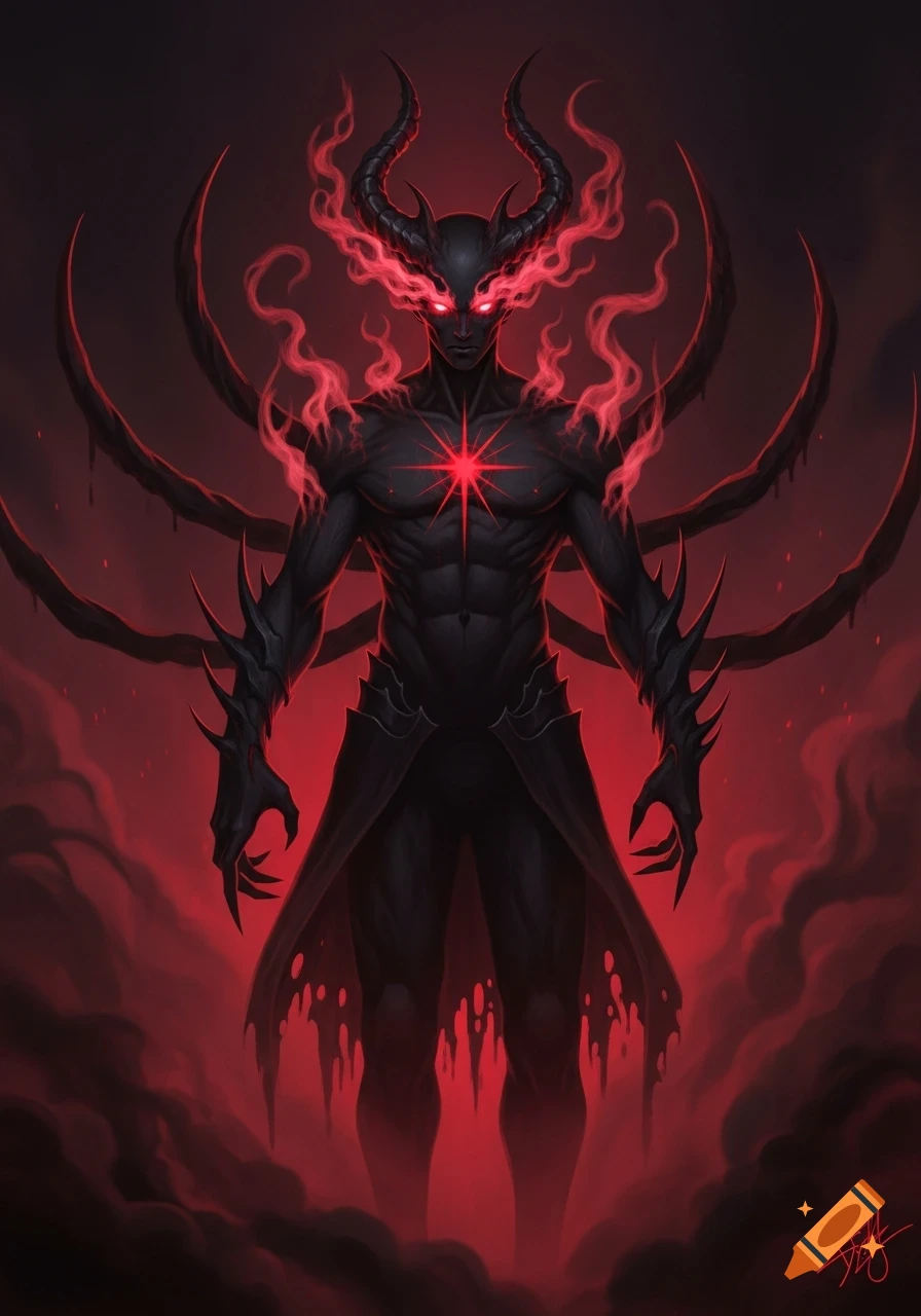 A dark, demonic figure with horns, glowing red eyes, and a red star on its chest, surrounded by red smoke and energy.